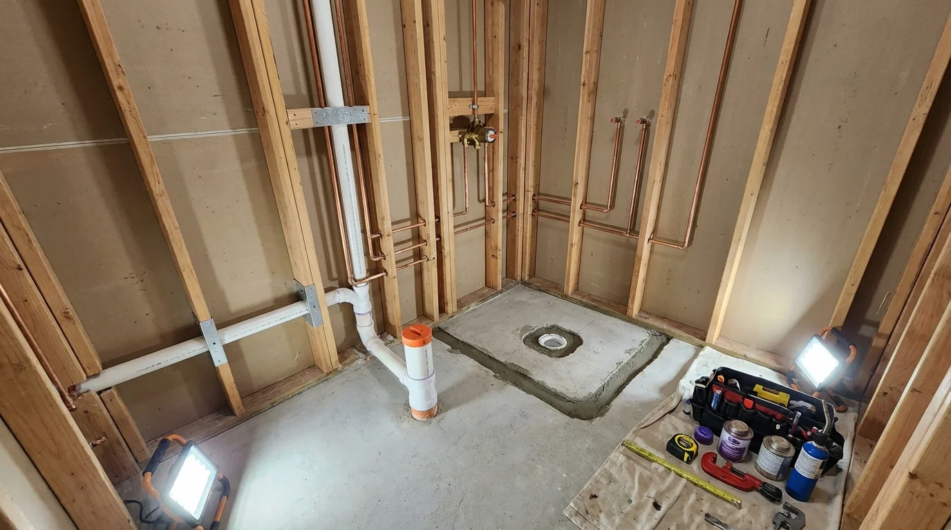 Bathroom rough-in plumbing during remodel by Johns Plumbing LLC in Graysville