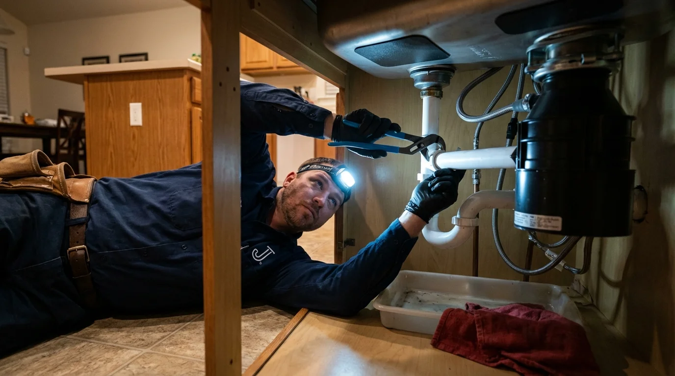 P-trap and supply line connections under a kitchen sink showing a common leak point in Graysville, AL